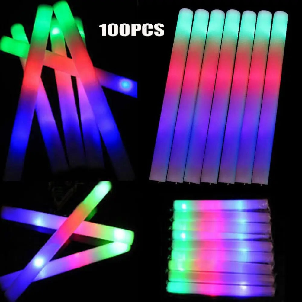 LED Glow Foam Sticks 100 Colorful RGB Light Party Tubes Pack