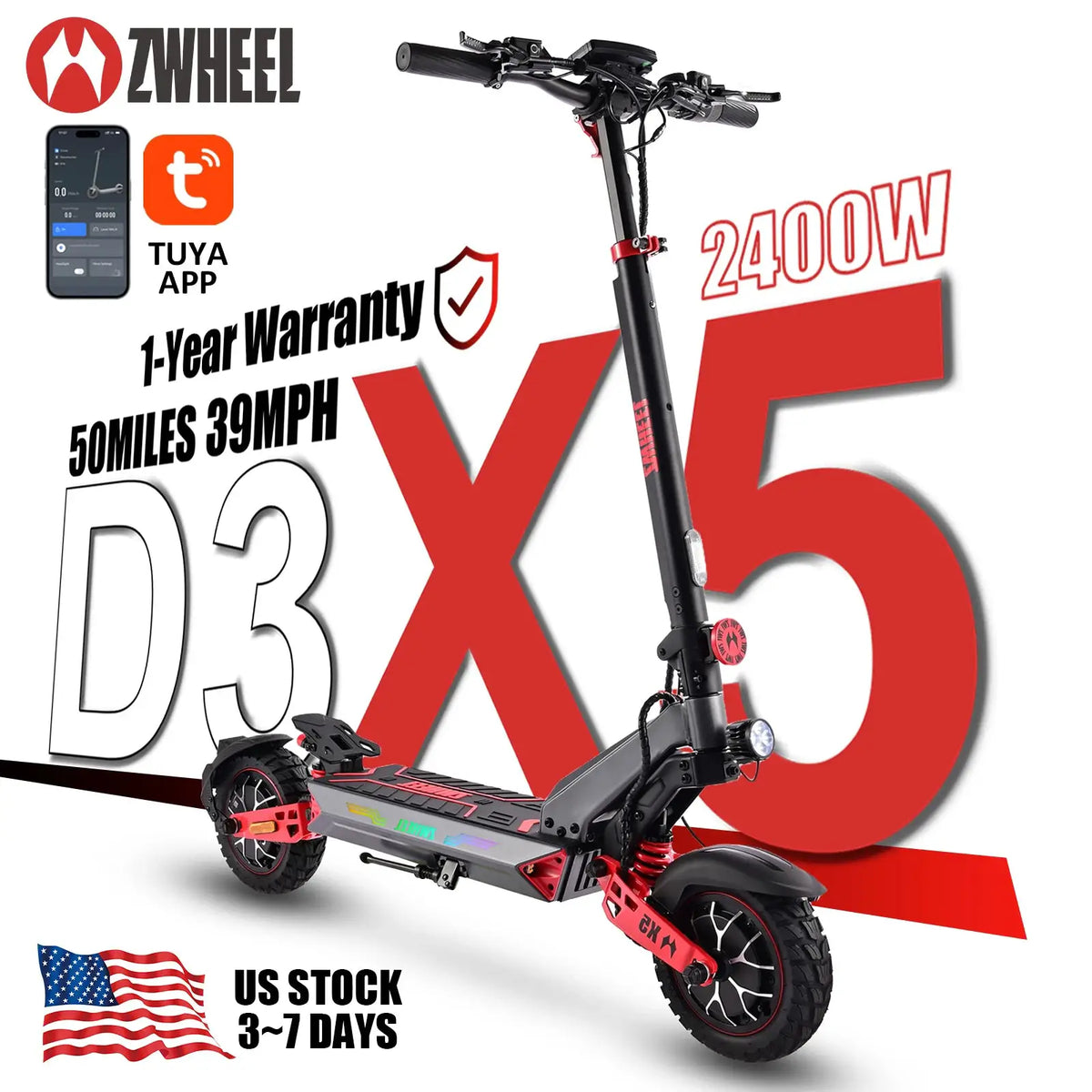 ZWHEEL D3 Dual Motors Electric Scooter 2400W All-wheel Drive Max Speed 39 MPH Max Range 50 Miles 960Wh Battery 1000 Cycles Bluetooth Locking and Unlocking Anti-theft Protection TUYA Smart APP 10''Off-Road Tires Low Noise Perf by Beastly Survival Outlet