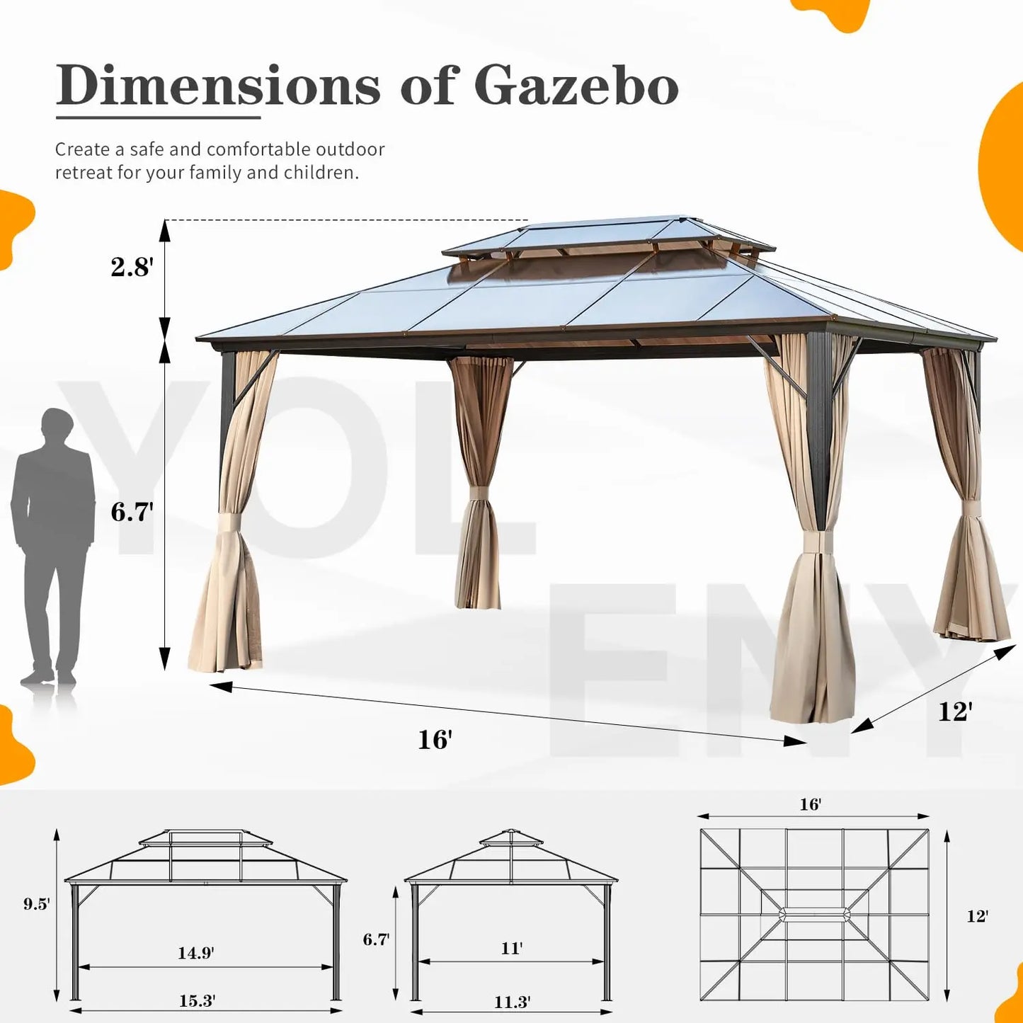 12x16 Hardtop Gazebo With Polycarbonate Roof Plus CurtainsXL