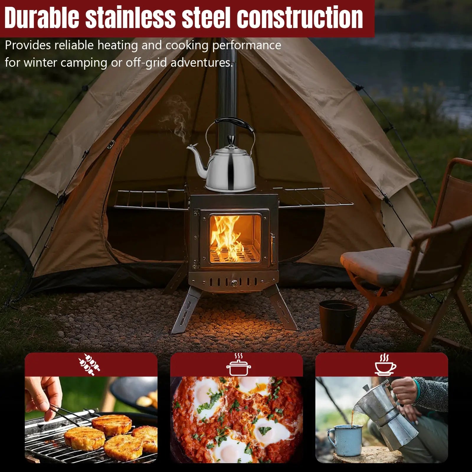 Large Tent Heating Stove with Chimney Pipe Stainless Steel Firebox Rust Proof Portable Wood Burning Stove for Outdoor Camping by Beastly Survival Outlet
