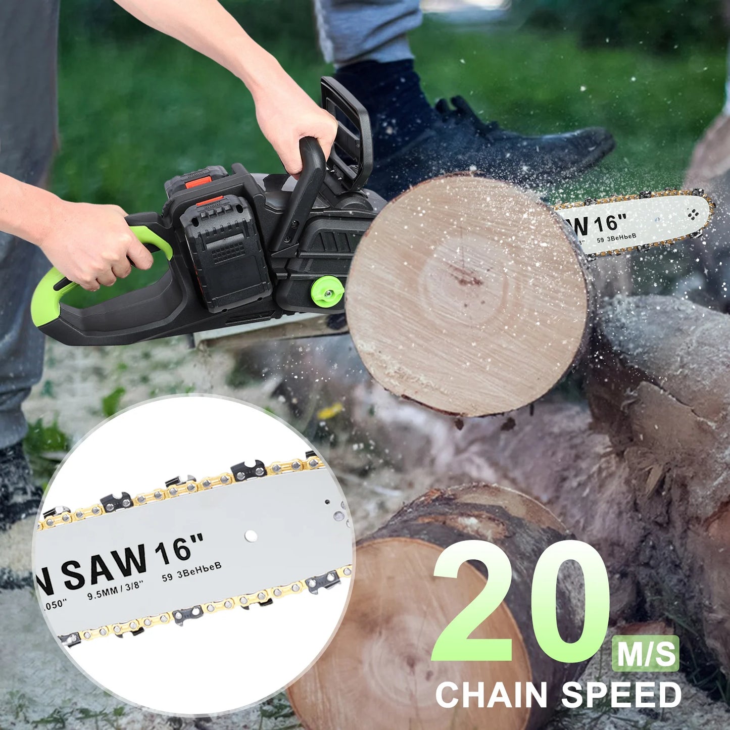 Cordless Battery Powered Chainsaw with 2x4Ah Batteries Brushless Motor Auto Lubrication for Tree Felling and Firewood