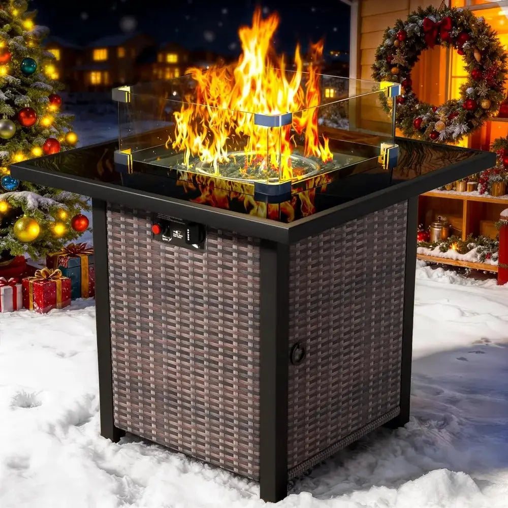 Propane Fire Pit Table, Outdoor Fire Pit Table, 28" Rattan Square Outdoor Gas Fire Pit with Glass Wind Guard by Beastly Survival Outlet