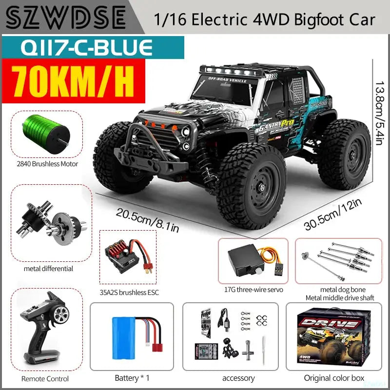Wltoys Q117 1/16 RC Car 4WD Remote Control Car LED Headlights Brushless 70KM/H 2.4G High Speed Off-Road Drift Toys for Children by Beastly Survival Outlet
