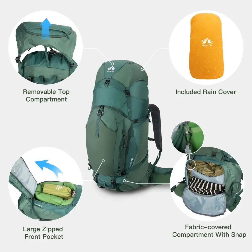 Night Cat Internal-frame Hiking Backpack: 100L Large Camping Backpack for Men Women Hiking Climbing Traveling Waterproof Rain Cover by Beastly Survival Outlet