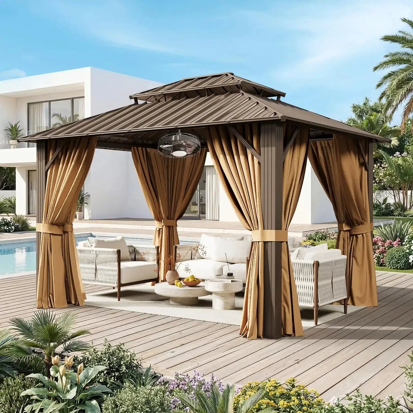 10x12FT Hardtop Gazebo Galvanized Steel Roof Curtains & Netting Backyard Patio, Custom by Beastly Survival Outlet