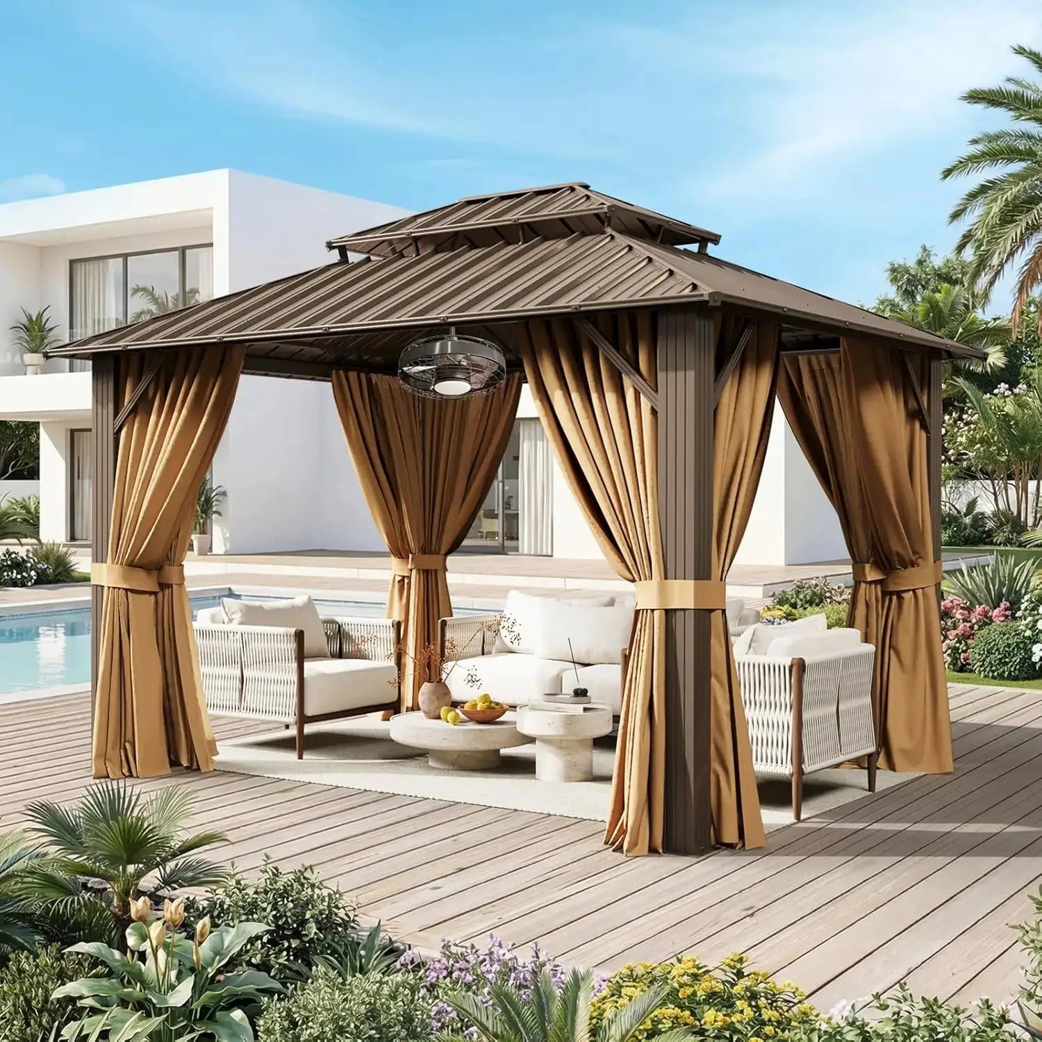 10x12FT Hardtop Gazebo Galvanized Steel Roof Curtains & Netting Backyard Patio, Custom by Beastly Survival Outlet