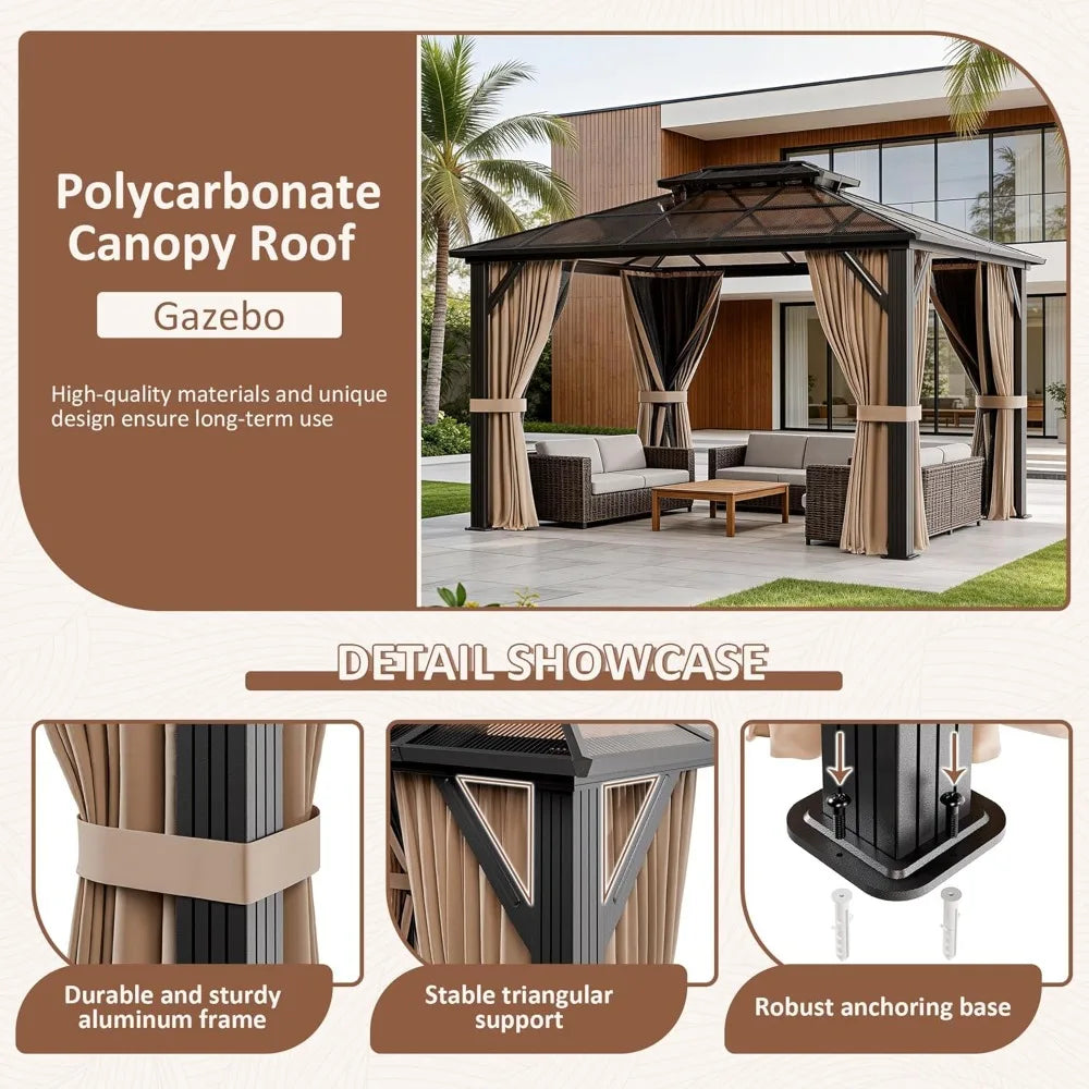 10x12 Hardtop Gazebo With Polycarbonate Roofing And Curtains