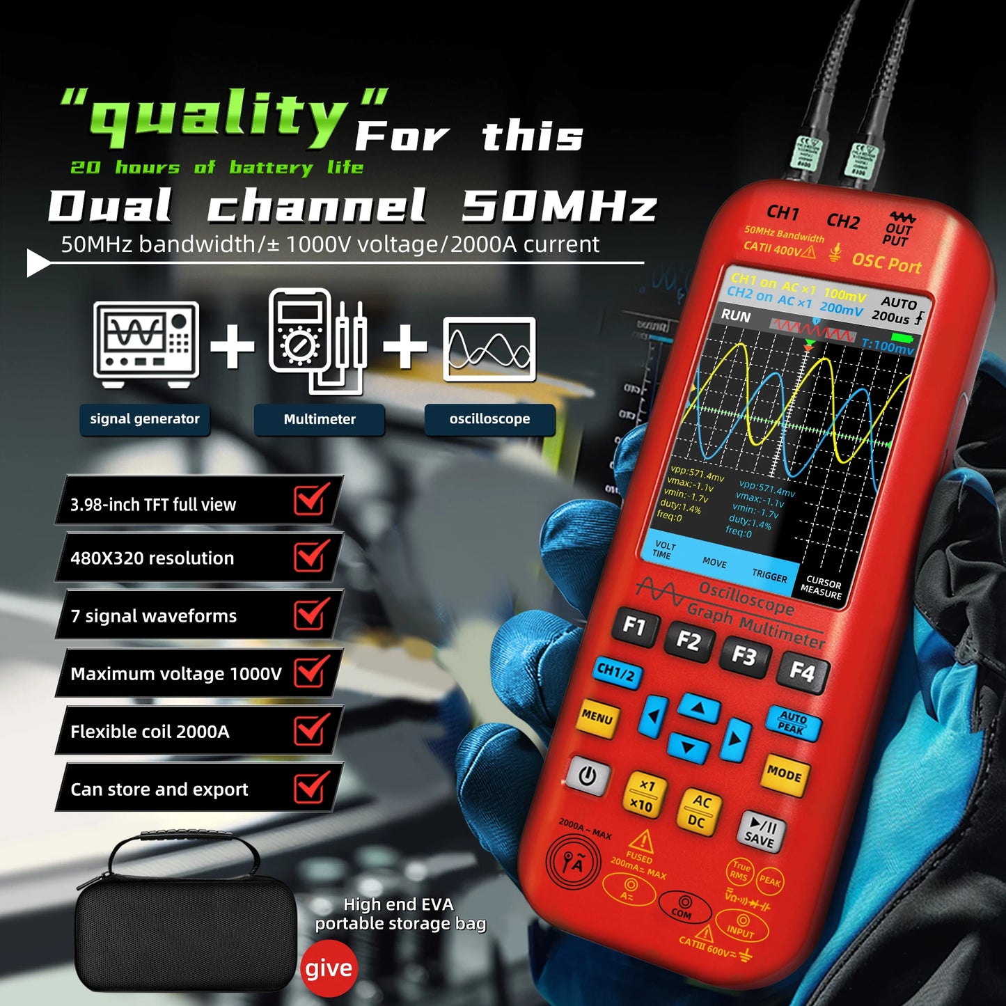 MAXRIENY O9 Handheld Oscilloscope Multimeter 50MHz 2ChannelX