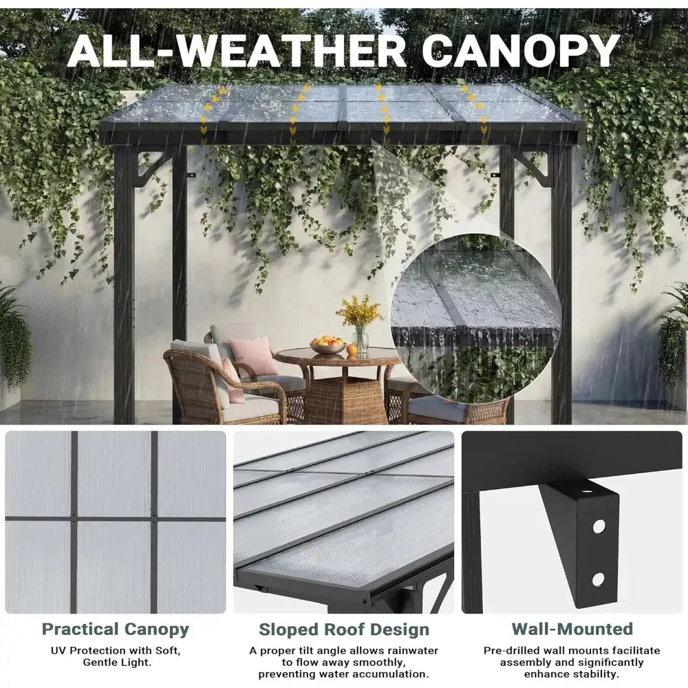 10'x8' Wall-Mounted Lean-To Gazebo, Aluminum Frame & Polycarbonate Hardtop with Sloped Roof, Outdoor Patio Pergola, Customized by Beastly Survival Outlet