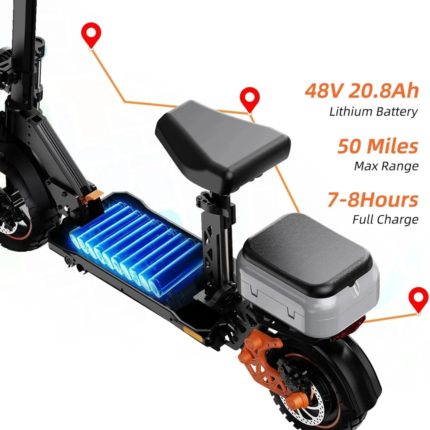 Electric Scooter with Seat for Adults, 1600W Motor, 48V 20.8Ah Battery, Up to 50 Miles Range, Foldable E Scooter with Storage Box, Off-Road Tires by Beastly Survival Outlet