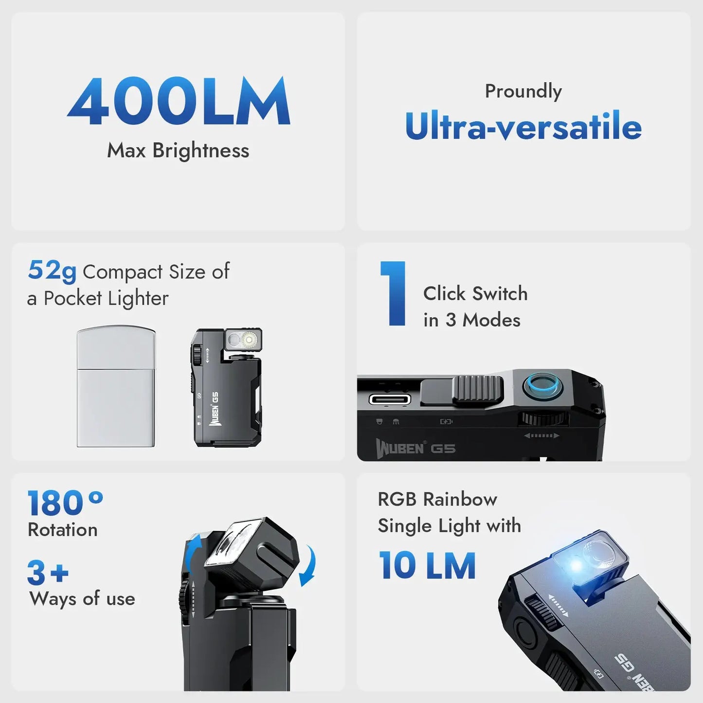 Wuben G5 Rechargeable EDC Flashlight 400 Lumens Dual RGB LED by Beastly Survival Outlet