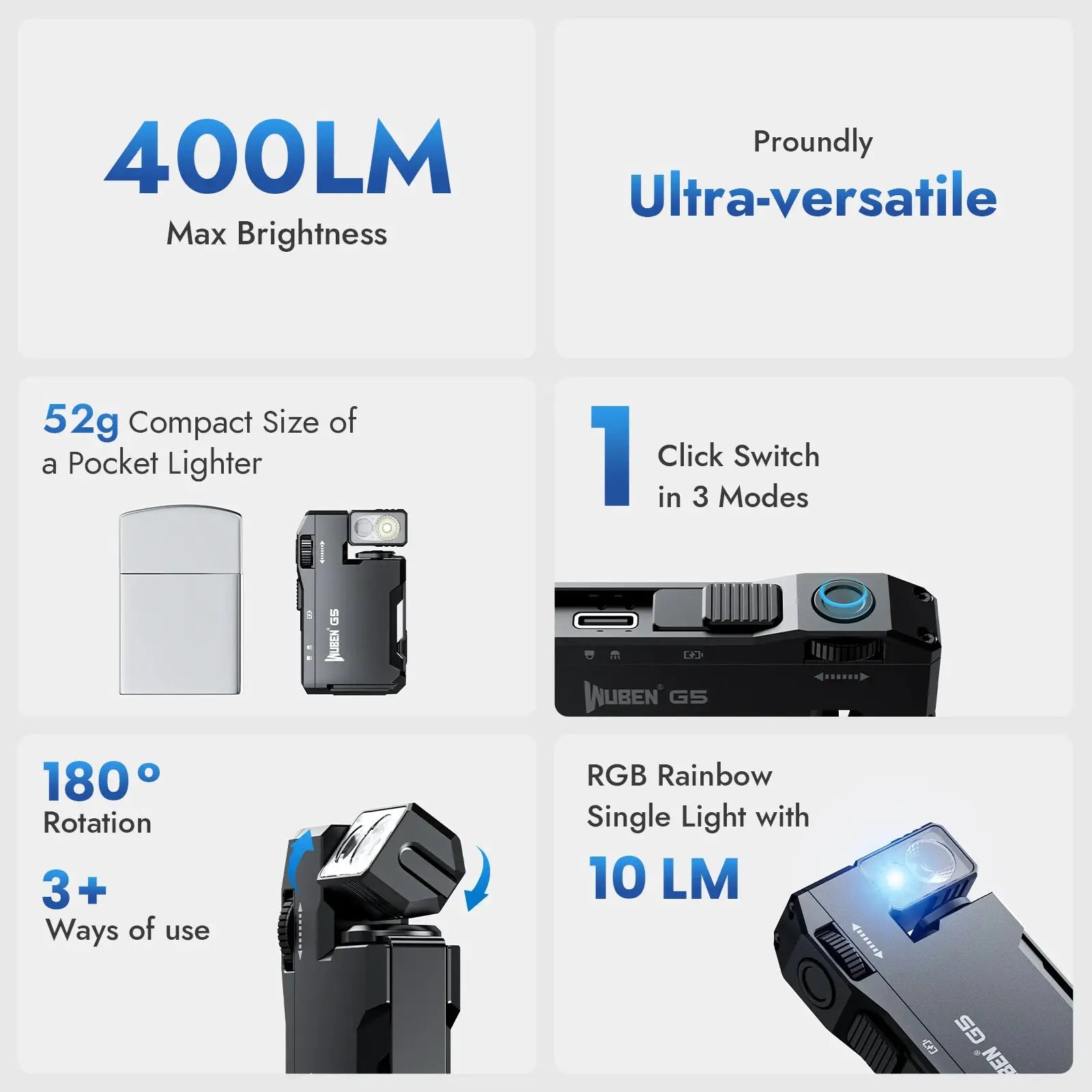 Wuben G5 Rechargeable EDC Flashlight 400 Lumens Dual RGB LED by Beastly Survival Outlet