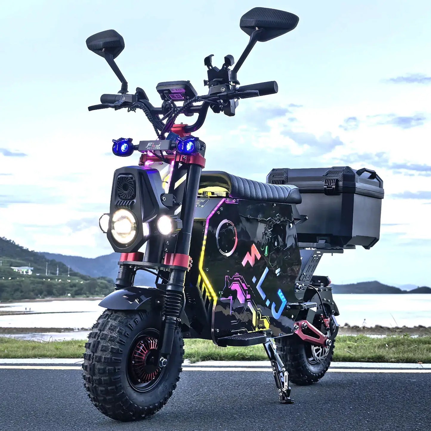 \US Stock FLJ Scooter 72V 12000W Electric Scooter with 14 inch Off Road Fat Tire Removable battery and App Function Scooter by Beastly Survival Outlet