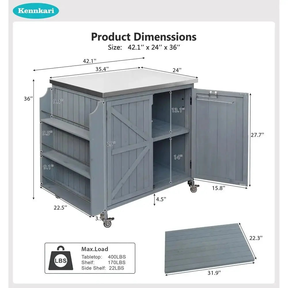 Outdoor Kitchen Island with Adjustable Shelf, Wood Grill Cart, Stainless Steel Top, and Storage Cabinet in Grey Blue by Beastly Survival Outlet