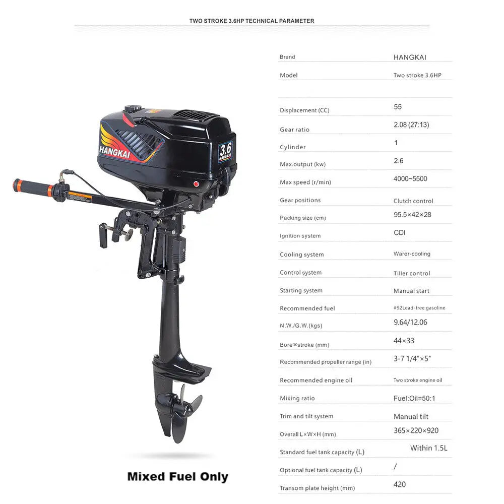 3.6HP 2 Stroke Heavy Duty Outboard Motor Electric Boat Motor Boat Engine CDI Ignition & Water Cooling System Short Shaft by Beastly Survival Outlet