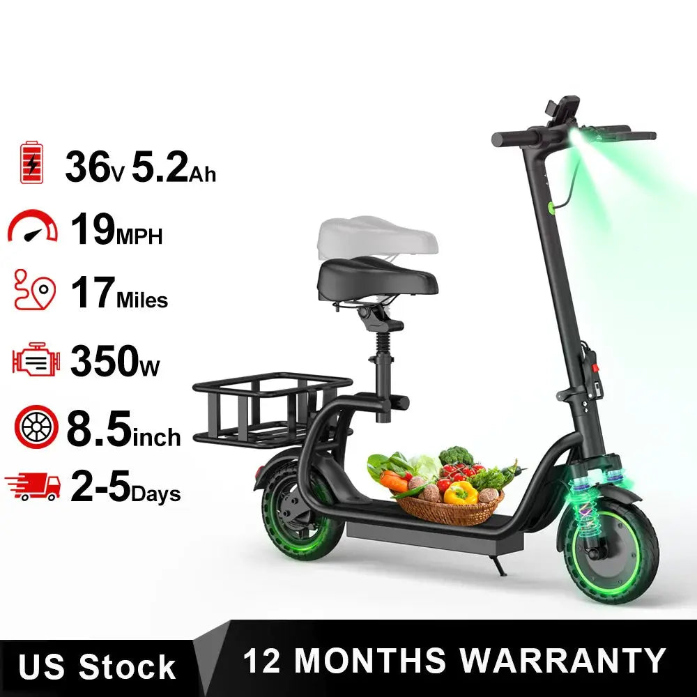Maxshot 8.5'' Electric Scooter with Seat & basket,350W Motor, Top Speed 19mph, Max 17/25 Miles Ranges, Foldable E-Scooter with Suspension &Adult, Digital Display, Cruise Control by Beastly Survival Outlet