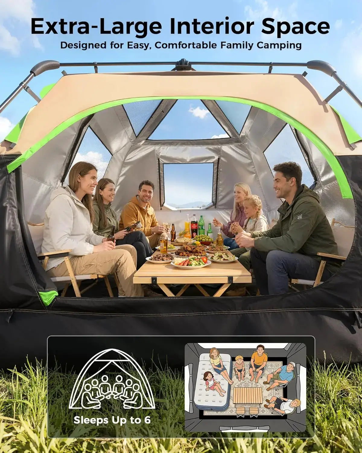 Instant Camping Tent for 6 Person, 60-Second Setup, Waterproof Pop Up with Rainfly & Carry Bag by Beastly Survival Outlet