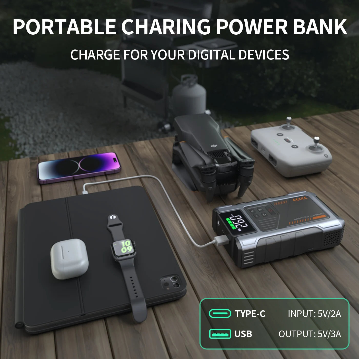 Geeneu Portable Car Jump Starter With Air Compressor 3000A Peak Power 12V Battery Pack Tire Inflator 150 PSI USB LED