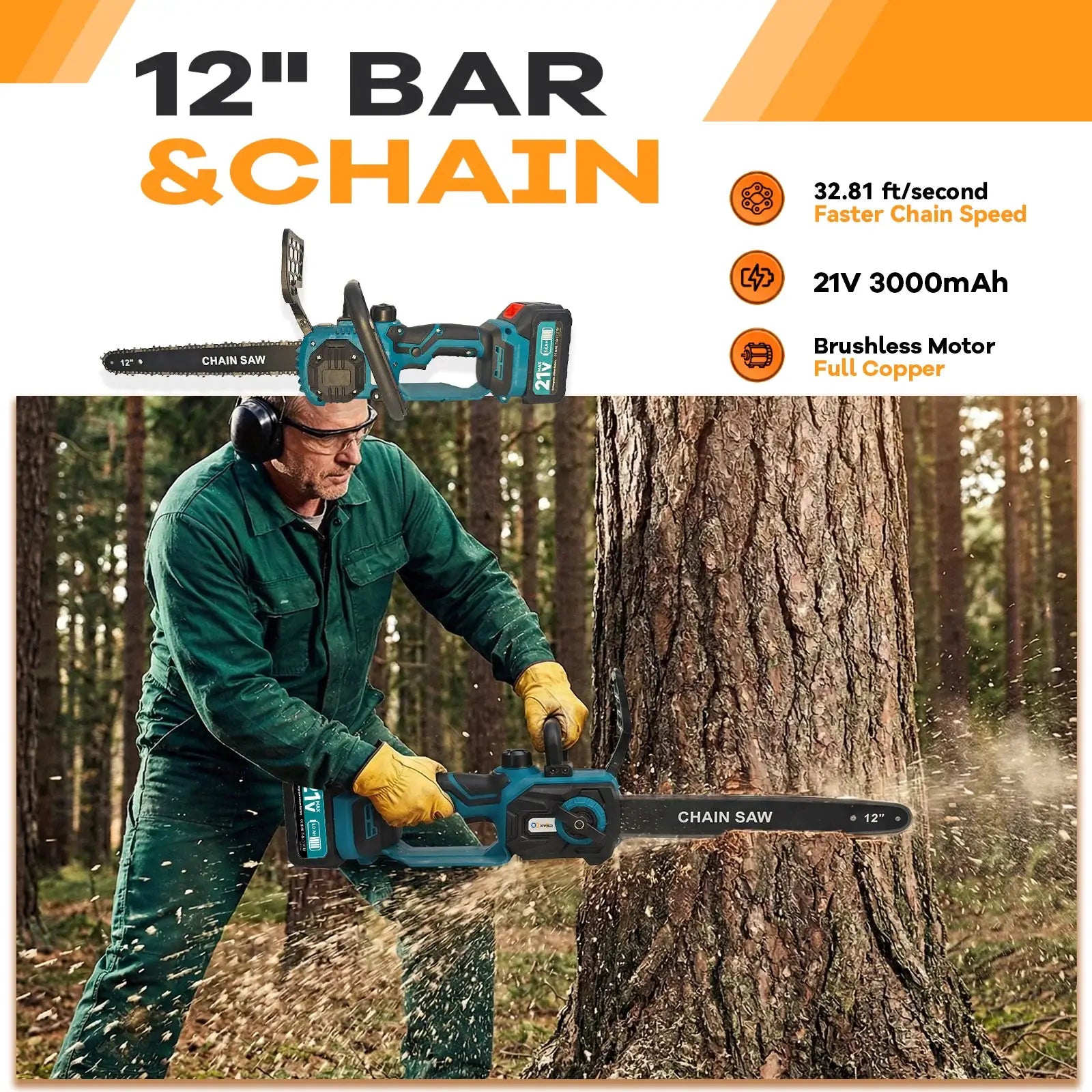 XYSD 12 in Electric Chainsaw Cordless, 21v ,2x3000mah Battery Handheld Chainsaw for Tree Trimming Electric Tree Trimmer Saw by Beastly Survival Outlet