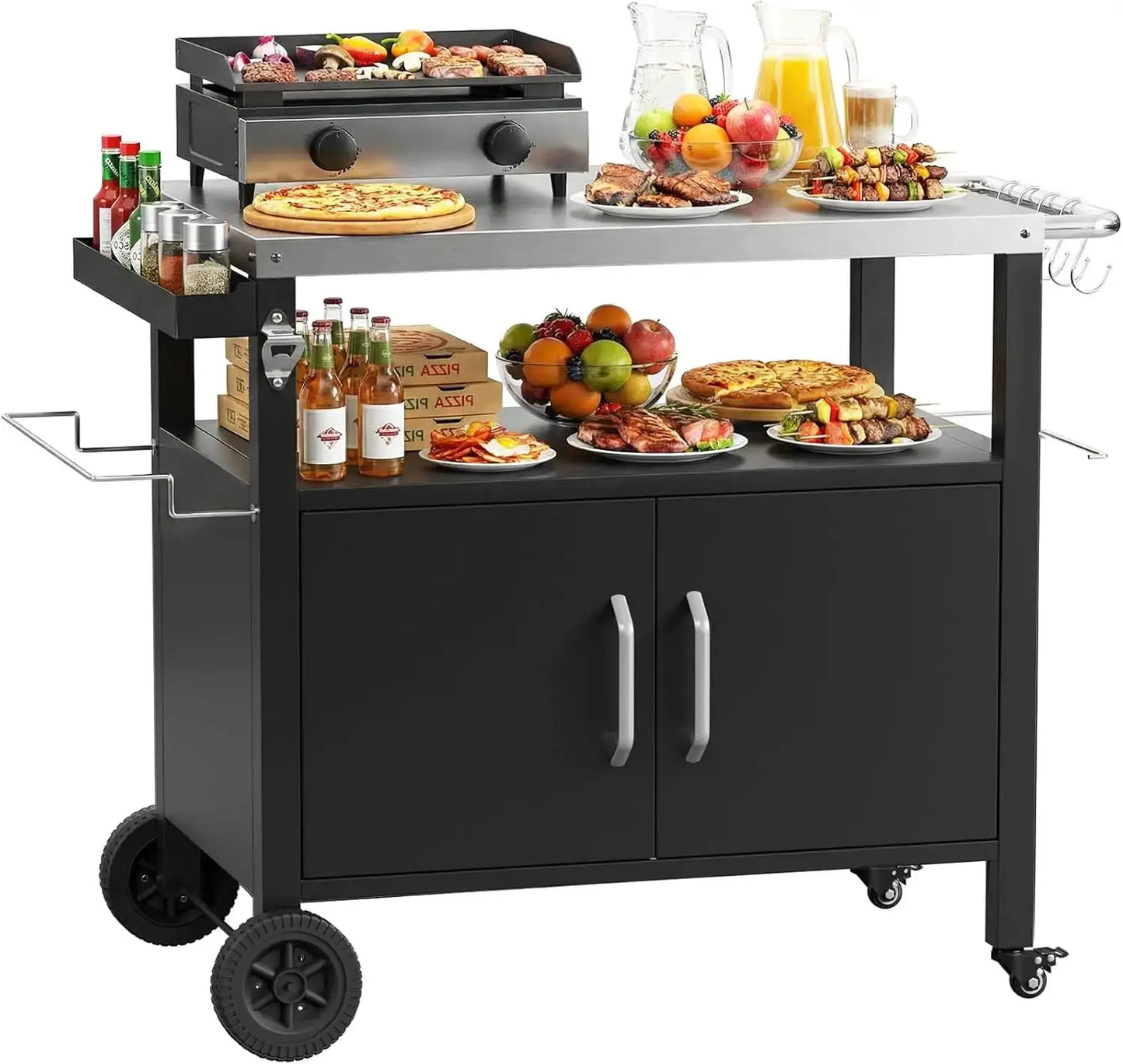 Outdoor Grill Cart with Storage Cabinet, XL Outdoor Kitchen Island with Stainless Steel Top, Outdoor Grill Station w/ 4 Wheels by Beastly Survival Outlet