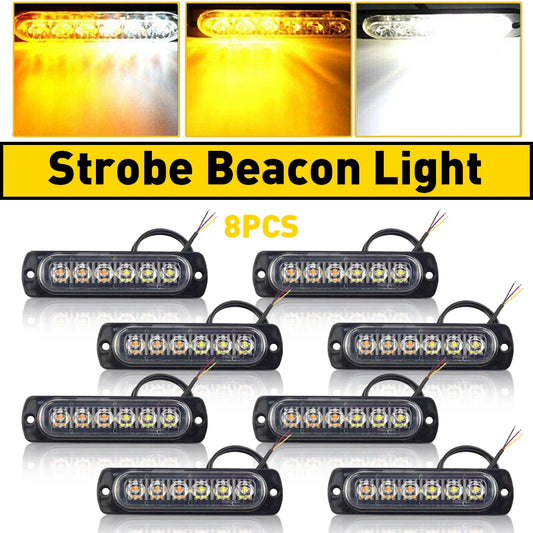 8Pcs Amber White 6LED Emergency Beacon Strobe Lights 12V 24V