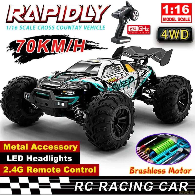 Wltoys Q117 1/16 RC Car 4WD Remote Control Car LED Headlights Brushless 70KM/H 2.4G High Speed Off-Road Drift Toys for Children by Beastly Survival Outlet