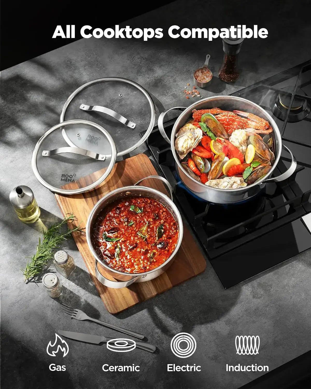 Pots and Pans Set Hybrid Stainless Steel 17PC Nonstick Tri Ply Cookware Set w Frying pan Dishwasher Oven Safe PFOA Free Metal by Beastly Survival Outlet