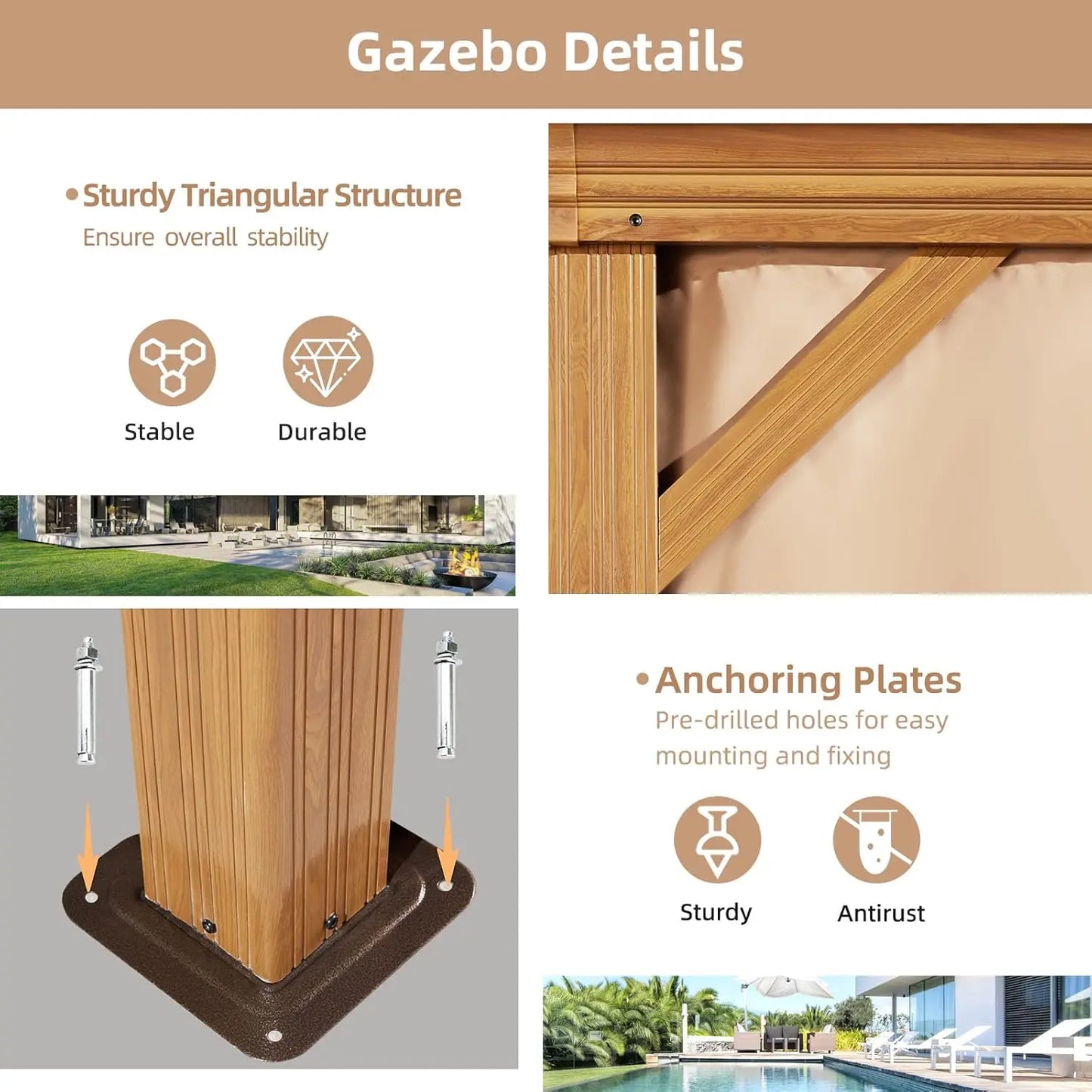 10x12 Hardtop Gazebo With WoodLook Aluminum Frame Steel Roof