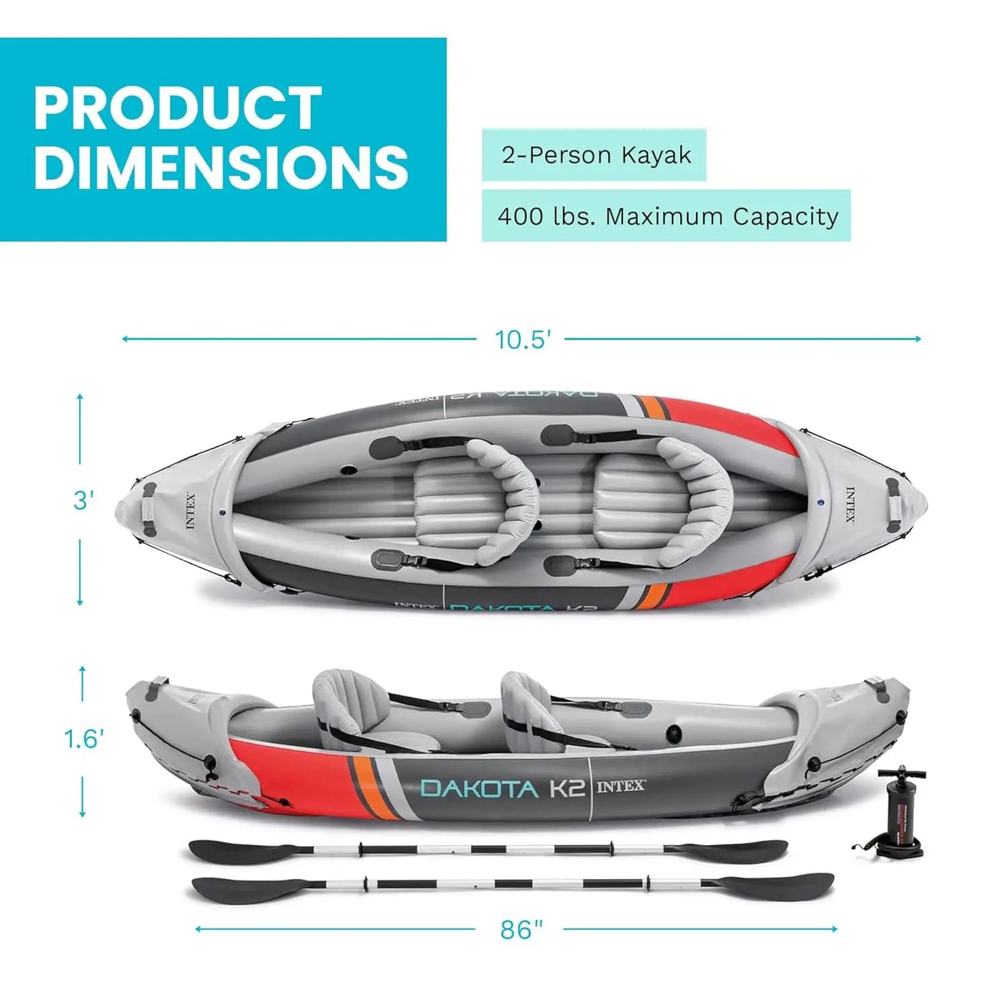 Dakota K2 Two Person Inflatable Kayak Set With Oars And Pump