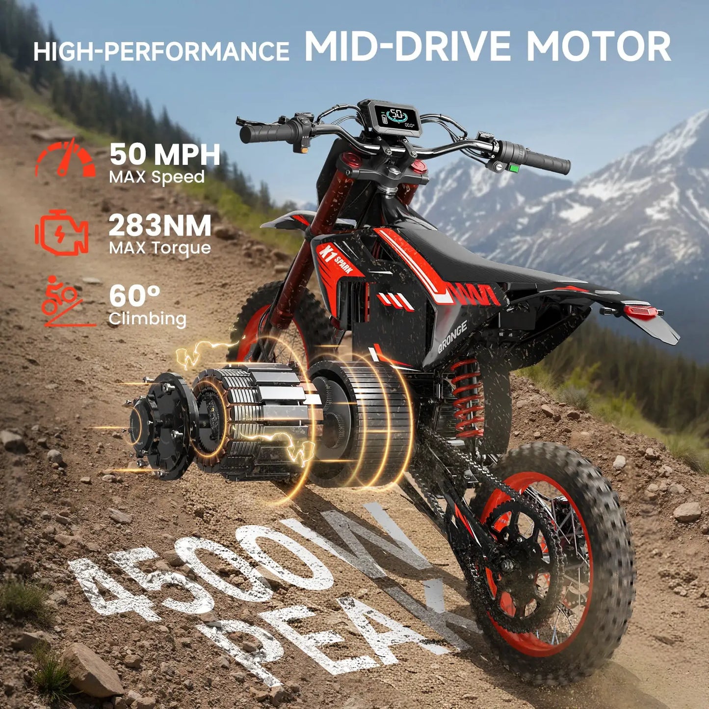 QRONGE X1 Spark M Electric Dirt Bike for Adults Teens 4500W Peak 60V 28.8Ah Battery Up to 60 Miles 50MPH Electric Motorcycle 14"/12" Fat Tire Mountain Off-Road E-Bike + 1 Year Warranty by Beastly Survival Outlet