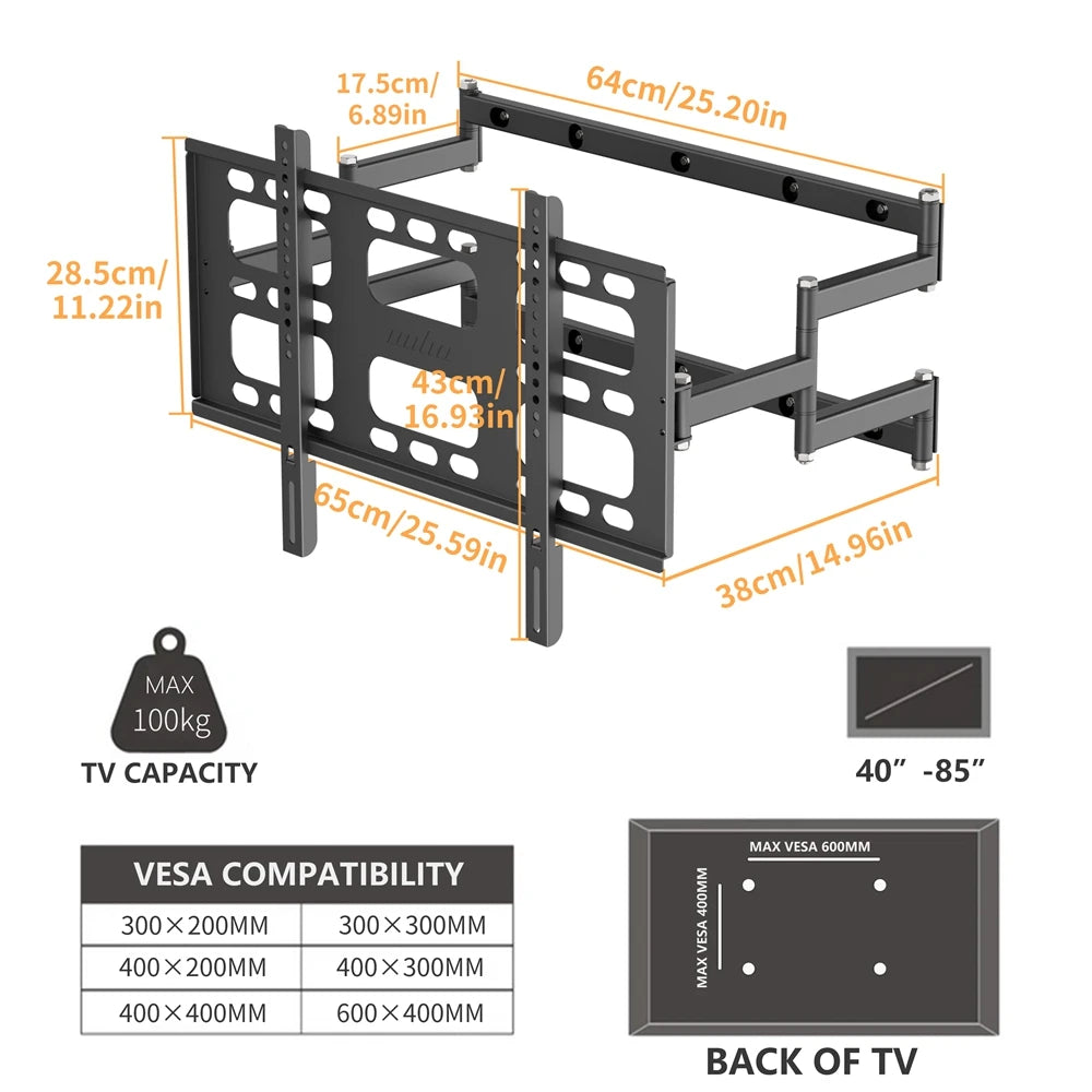 Full Motion Articulating TV Wall Mount for 40-85 Inch Screens