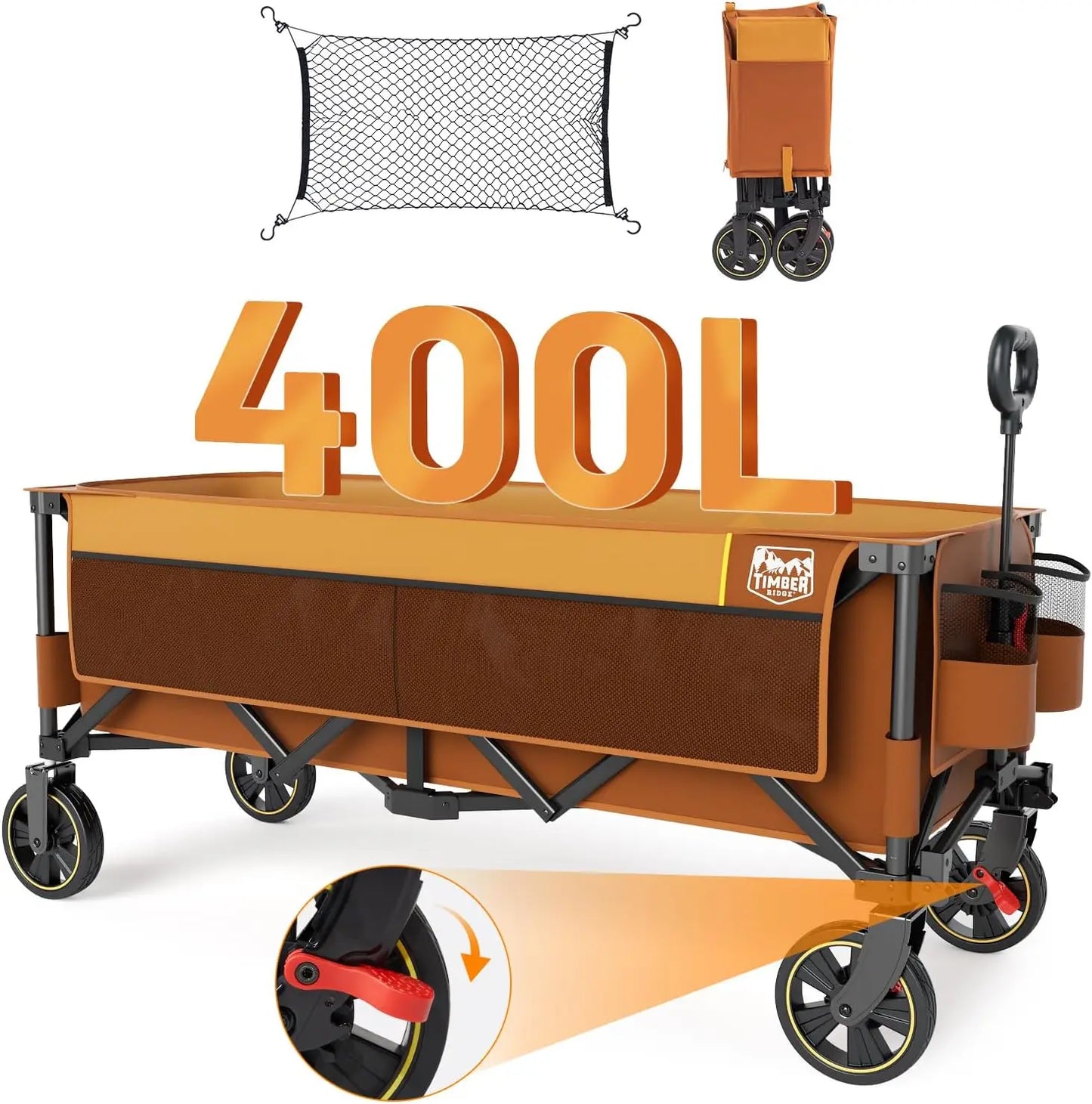 Extended Collapsible Wagon With Brakes And Cargo Net 350Lbs