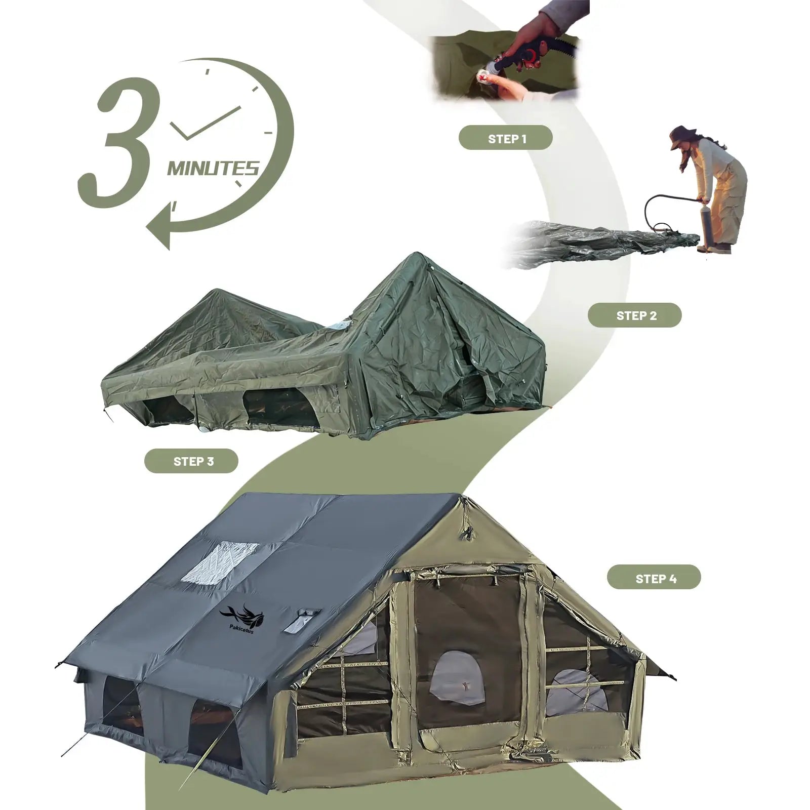 PAKICETUS Large Inflatable Camping Tent with Roof Window & Stove Space, 4-6 Person Quick Setup Air Tent, Oxford Fabric All Season Waterproof Family Outdoor Hot Tent for Camping Backpacking Hiking by Beastly Survival Outlet