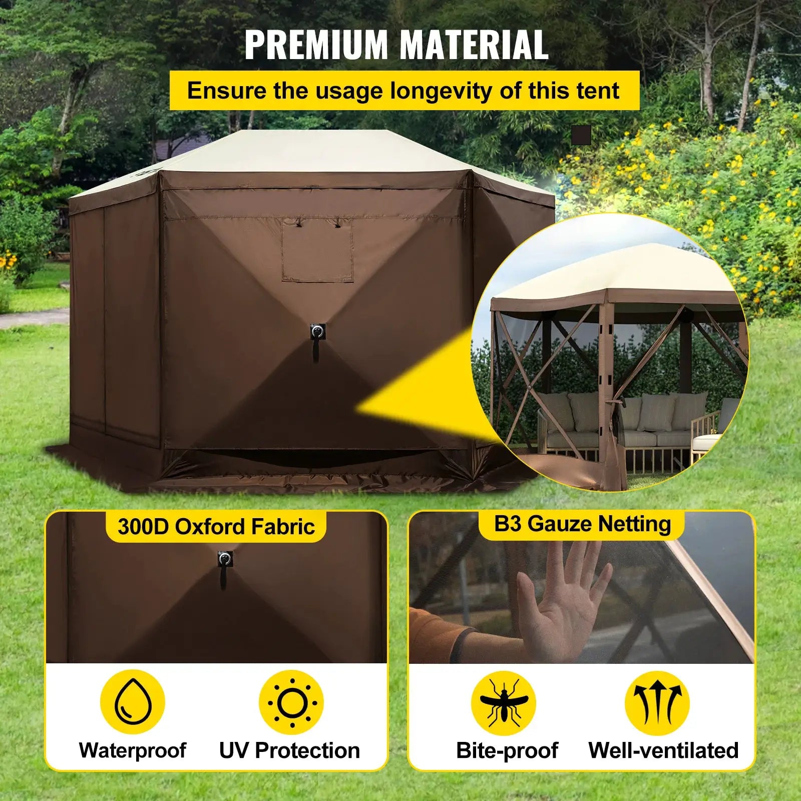 SucceBuy Pop-up Camping Gazebo Camping Canopy Shelter 6 Sided 12' x 12' / 10' x 10' Sun Shade Tents & Canopies Camping & Hiking by Beastly Survival Outlet