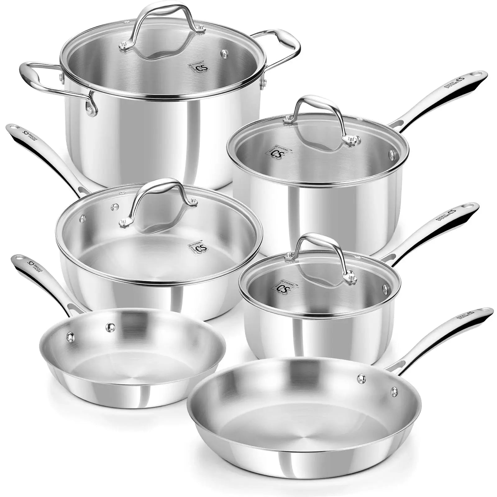 Tri-Ply Stainless Steel Cookware Set 10 Piece, Professional 18/10 Stianless Steel Pots and Pans Set, Oven & Induction Safe by Beastly Survival Outlet