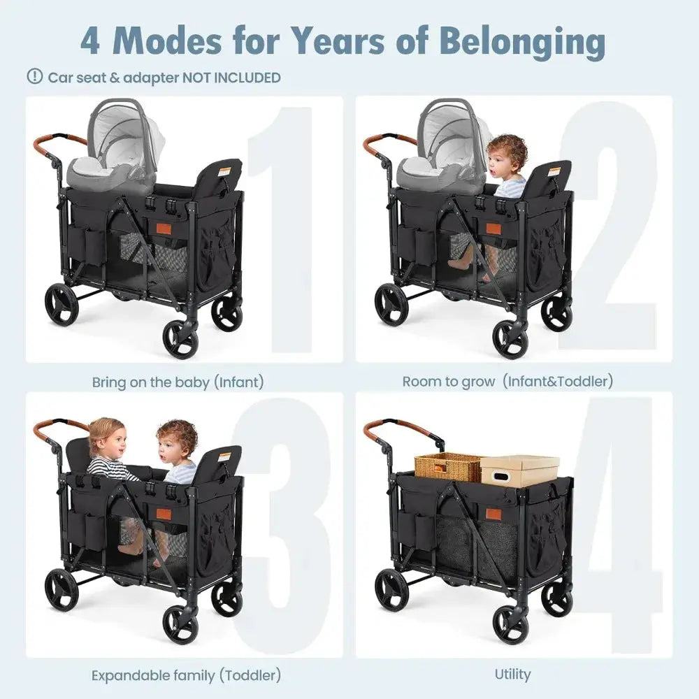 Double Wagon Stroller for 2 Kids, Foldable All-Terrain, High Seat, 5-Point Harness, Canopy, Black by Beastly Survival Outlet