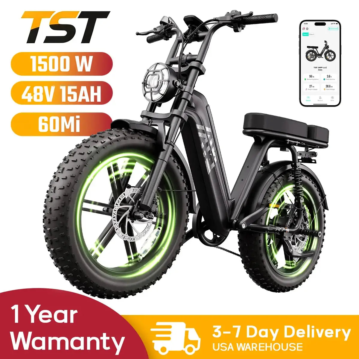 TST 1500W Electric Bike, 48V 15Ah, 28 MPH, 60 Miles Range, 20" Fat Tires, Rear Seat by Beastly Survival Outlet