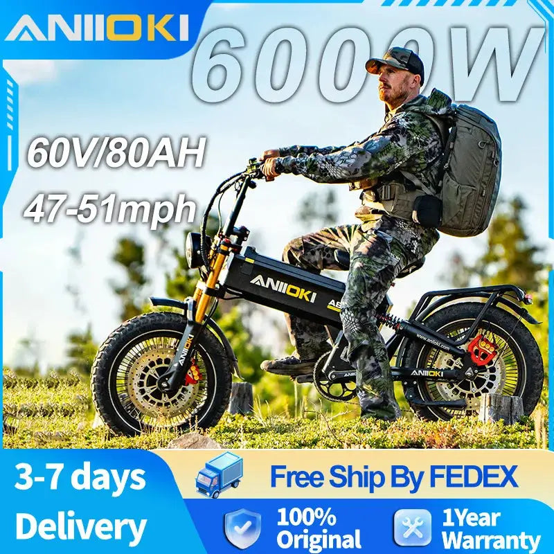 Aniioki 6000W Dual Motor Electric Ebike AWD Fat Tire 20 Inch by Beastly Survival Outlet