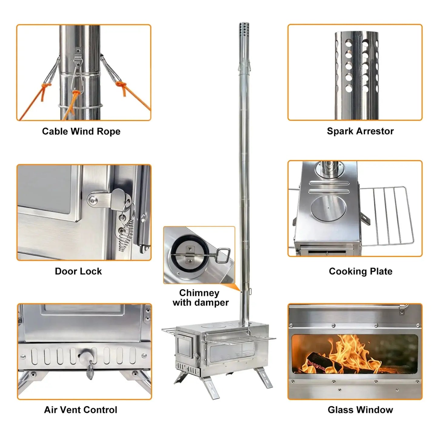 Portable Camping Tent Wood Stove for Outdoor Heating Stainless Steel Hot Tent Stove Burner Stove with 7 Chimney Pipes by Beastly Survival Outlet