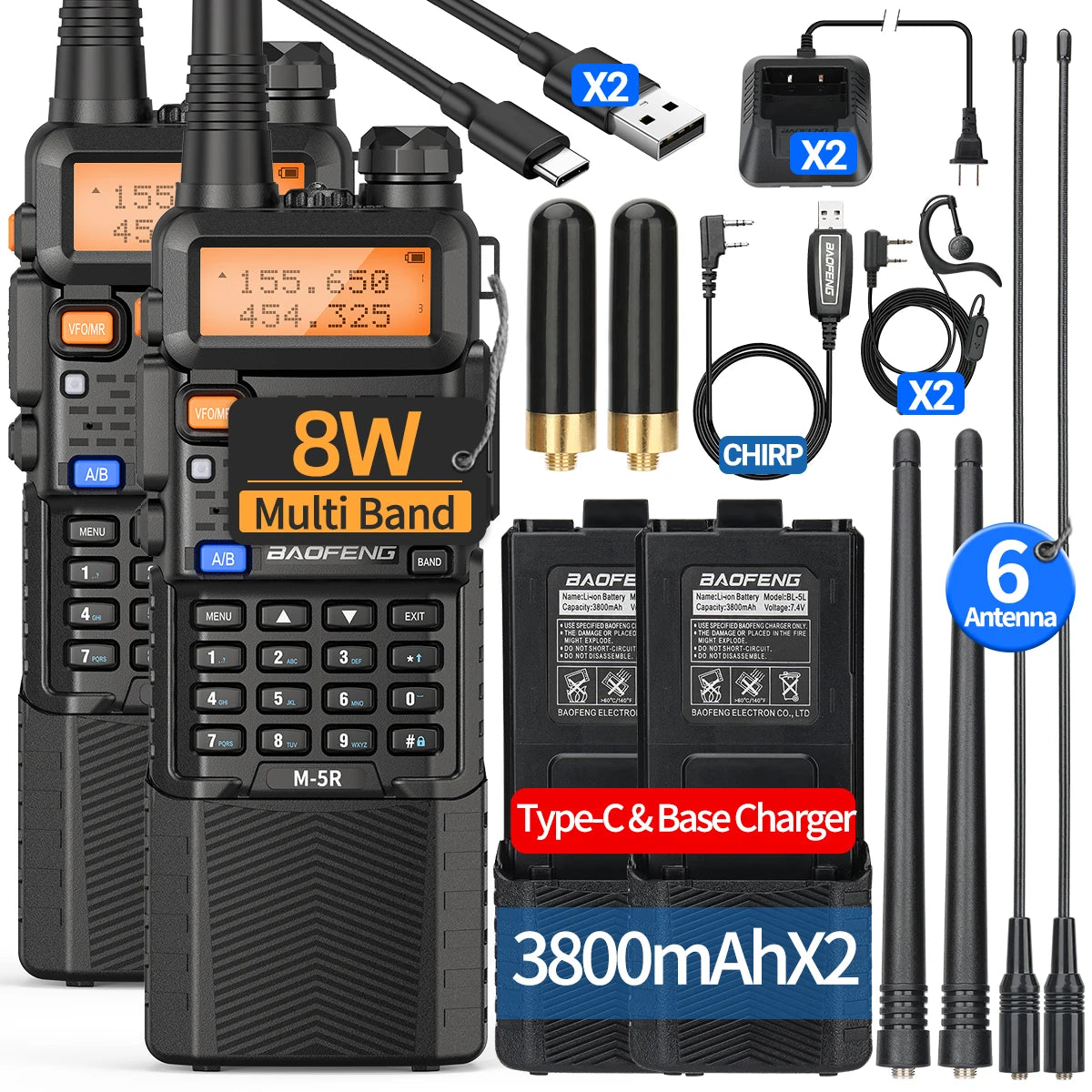 Baofeng M-5R 8W Walkie Talkies Dual Pack 3800mAh Battery Pro