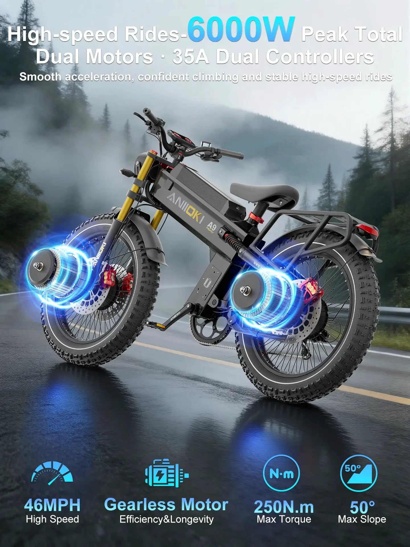 ANIIOKI Electric Bike adults 6000W Dual Motor 60V 70Ah 80Ah 47mph A9 Pro Max AWD Electric Bicycle Fat Tires 26"*4.8" ebike by Beastly Survival Outlet