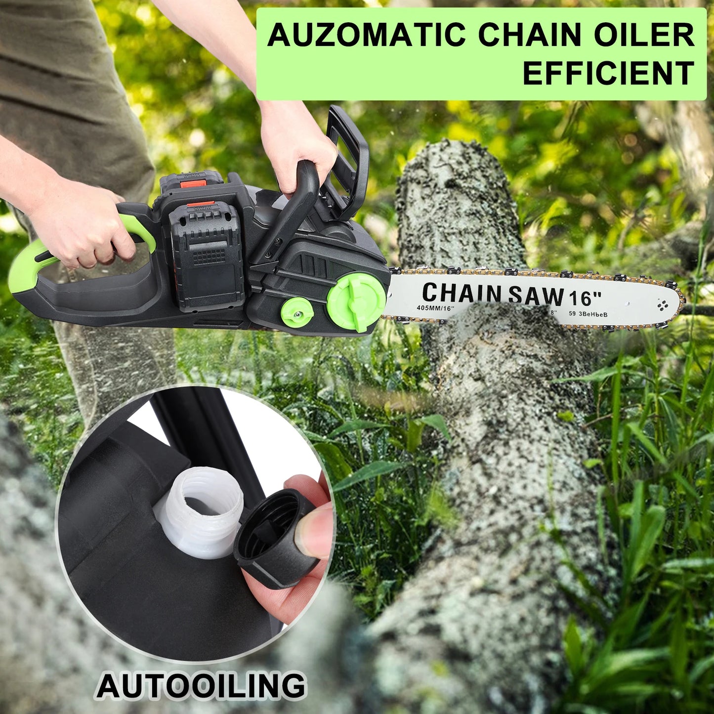 Cordless Battery Powered Chainsaw with 2x4Ah Batteries Brushless Motor Auto Lubrication for Tree Felling and Firewood