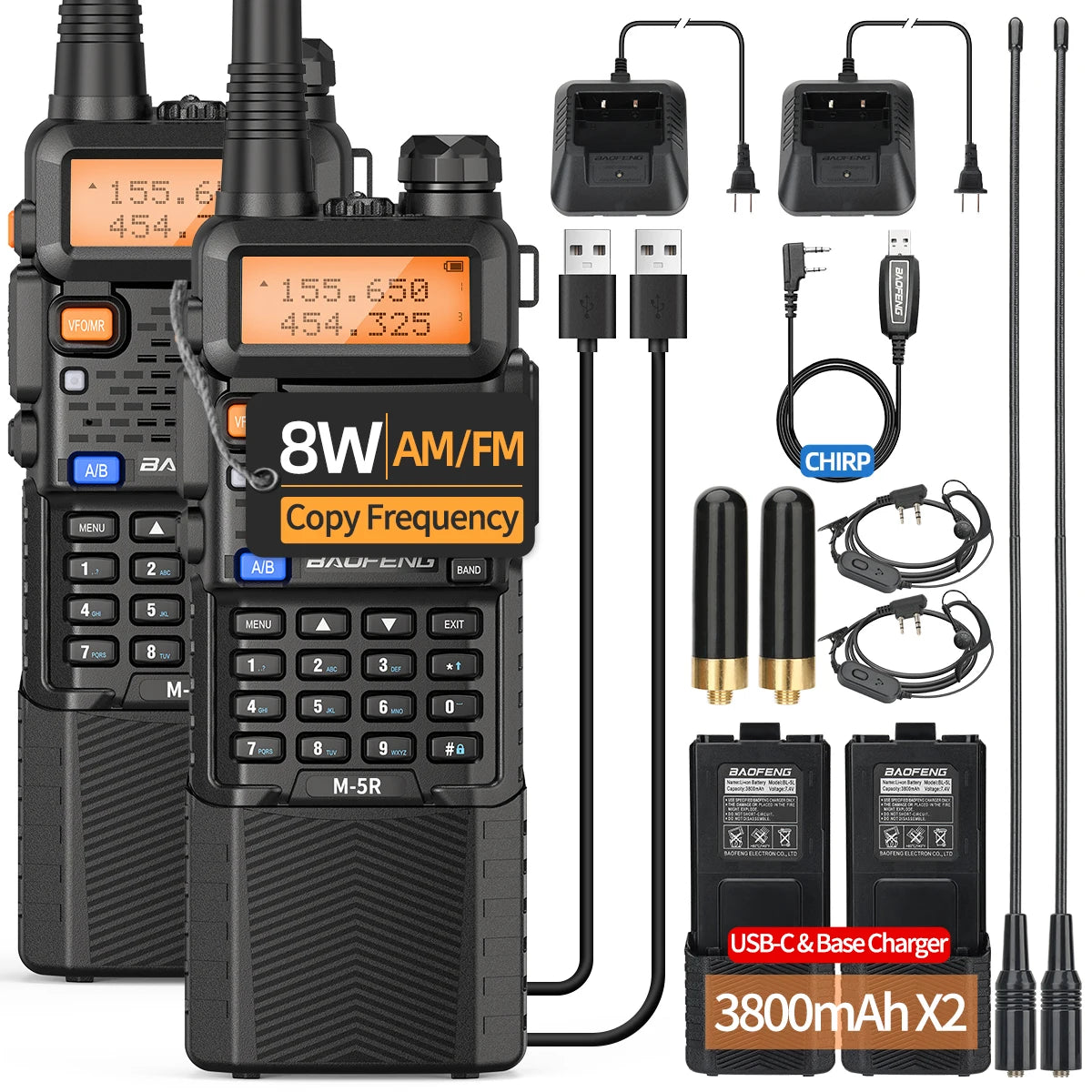Baofeng M-5R 8W Walkie Talkies Dual Pack 3800mAh Battery Pro