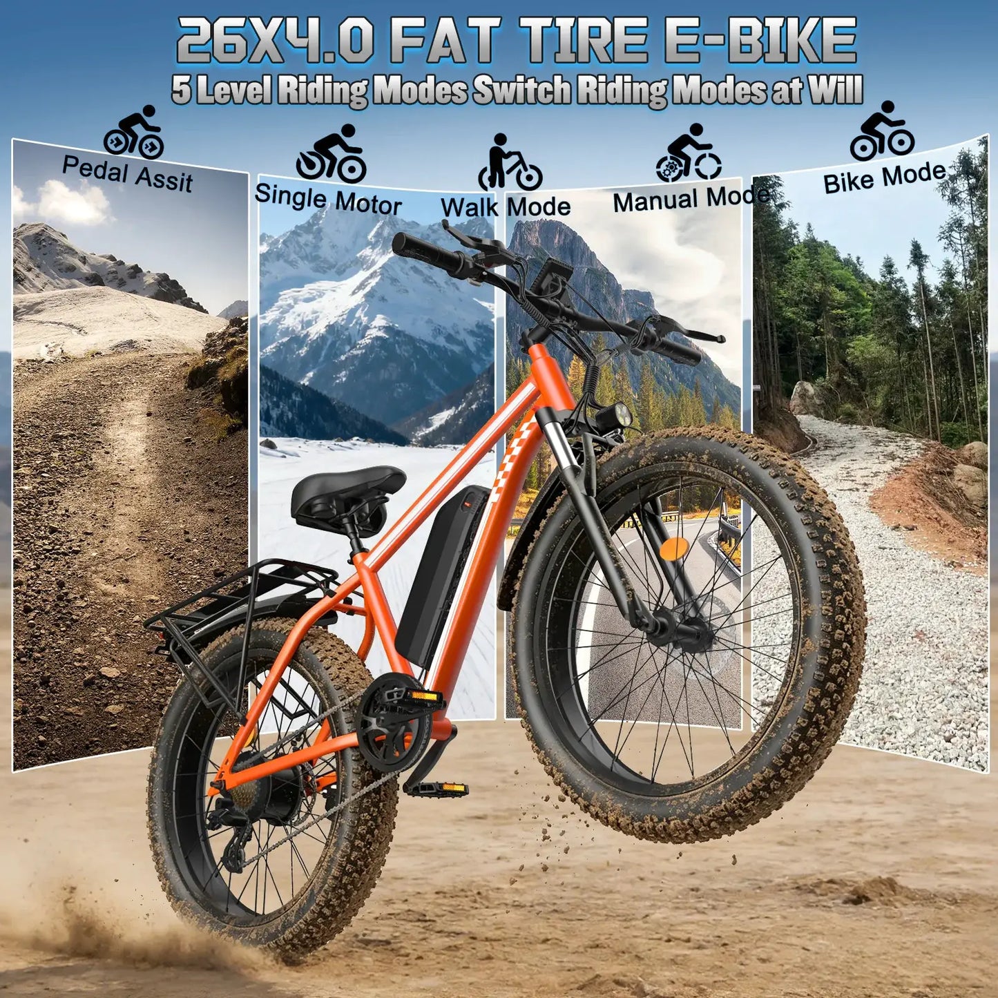 Peak 1500W Electric Bicycle 48V 15Ah Battery 32mph E-Bike 26 Inch Off-Road Tires Mountain Ebike Snowmobile Bike by Beastly Survival Outlet
