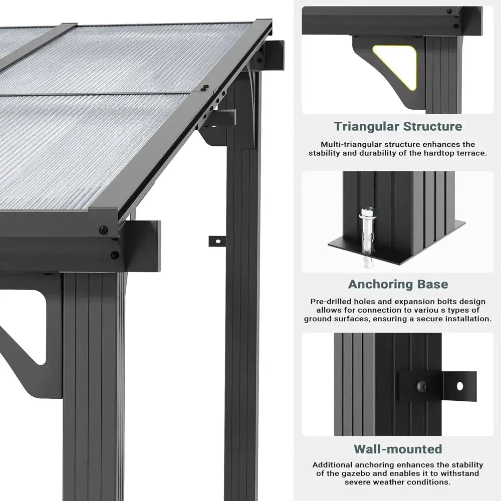 10'x8' Wall-Mounted Lean-To Gazebo, Aluminum Frame & Polycarbonate Hardtop with Sloped Roof, Outdoor Patio Pergola, Customized by Beastly Survival Outlet