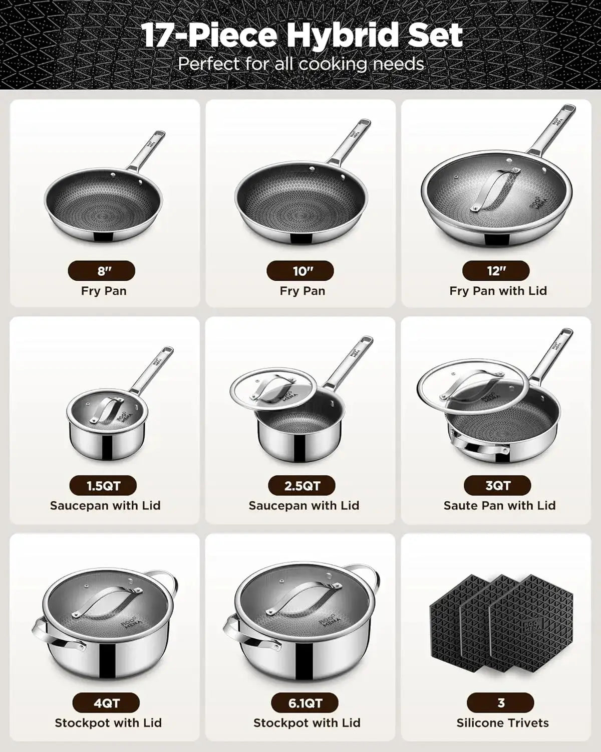 Pots and Pans Set Hybrid Stainless Steel 17PC Nonstick Tri Ply Cookware Set w Frying pan Dishwasher Oven Safe PFOA Free Metal by Beastly Survival Outlet