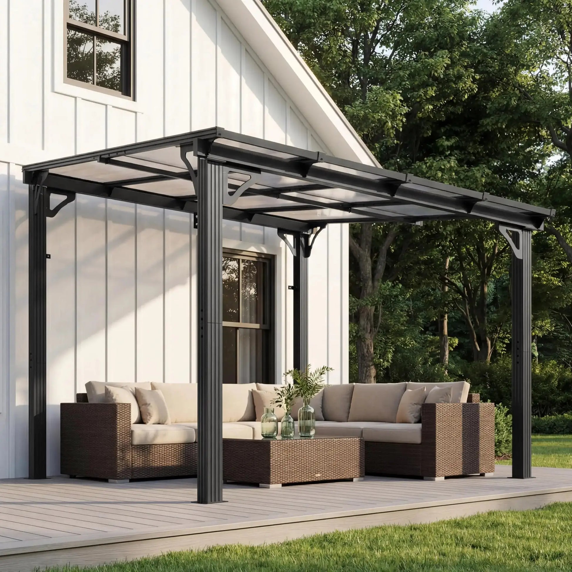 10'x8' Wall-Mounted Lean-To Gazebo, Aluminum Frame & Polycarbonate Hardtop with Sloped Roof, Outdoor Patio Pergola, Customized by Beastly Survival Outlet
