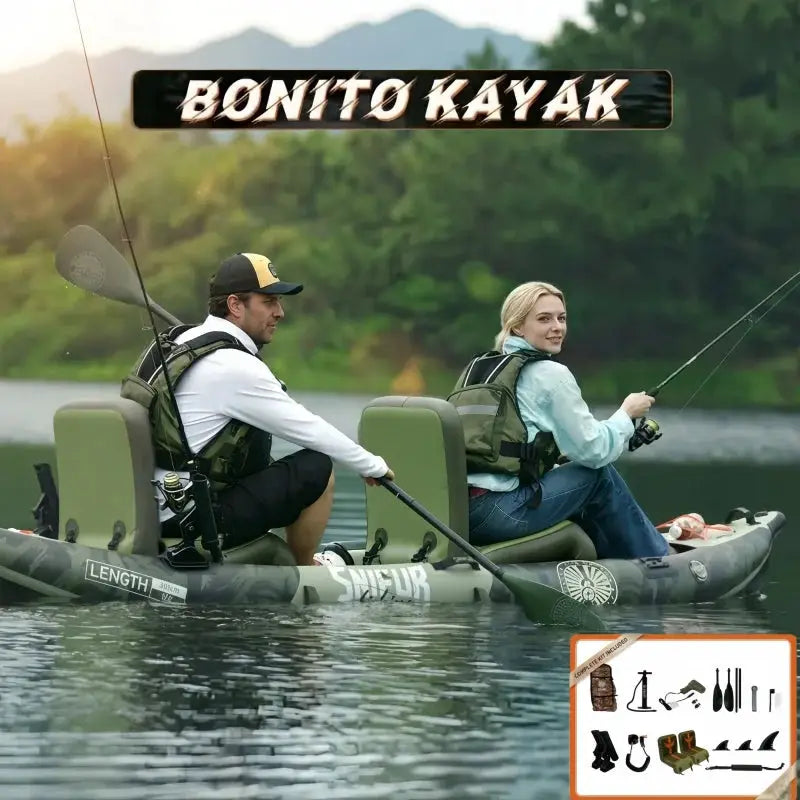 Funwater 2-Person Inflatable bonito kayak Complete 12'*41" *6" with Paddle & Rod Holders Adjustable Seats and Carry Handle by Beastly Survival Outlet