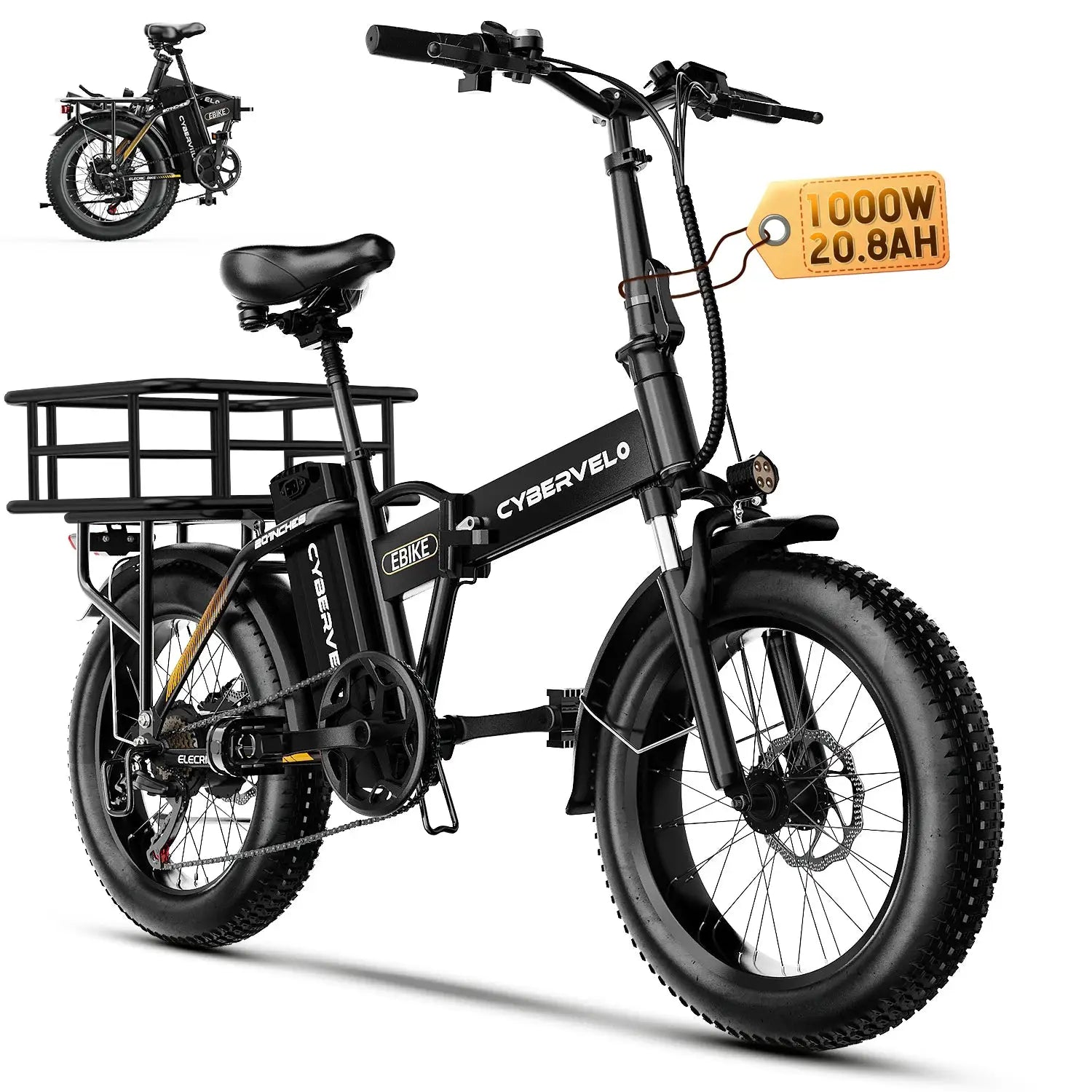 Cybervelo 1000W Peak High-speed Brushless Folding 20 Inch Fat Tire Electric Bike for Adults 48V 20.8Ah/50Ah Removable Battery 80 Miles Range Commuter E-Bicycle EK4 by Beastly Survival Outlet
