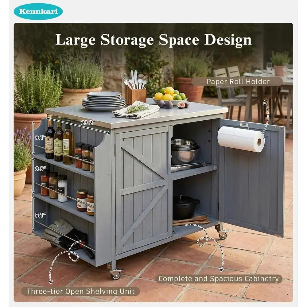 Outdoor Kitchen Island with Adjustable Shelf, Wood Grill Cart, Stainless Steel Top, and Storage Cabinet in Grey Blue by Beastly Survival Outlet